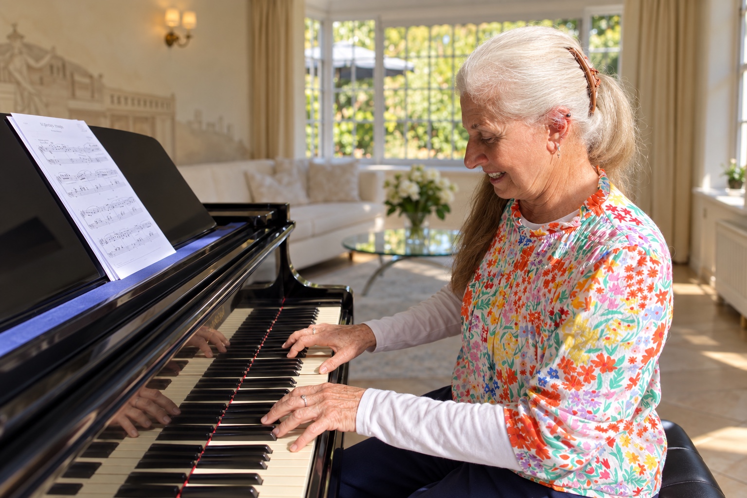 Jocelyn smiling as she plays the piano